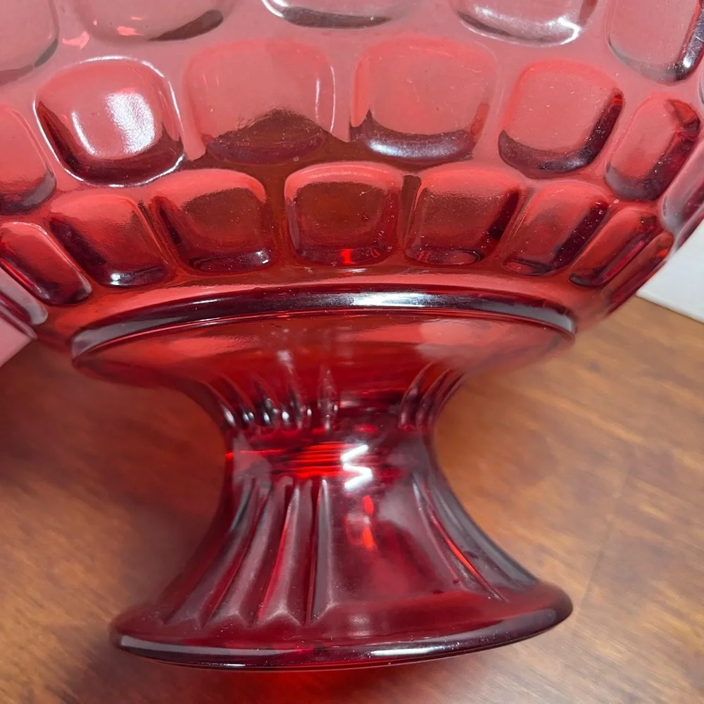 Vintage Federal Glass Yorktown Colonial Ruby Red Thumbprint Footed Bowl 10”